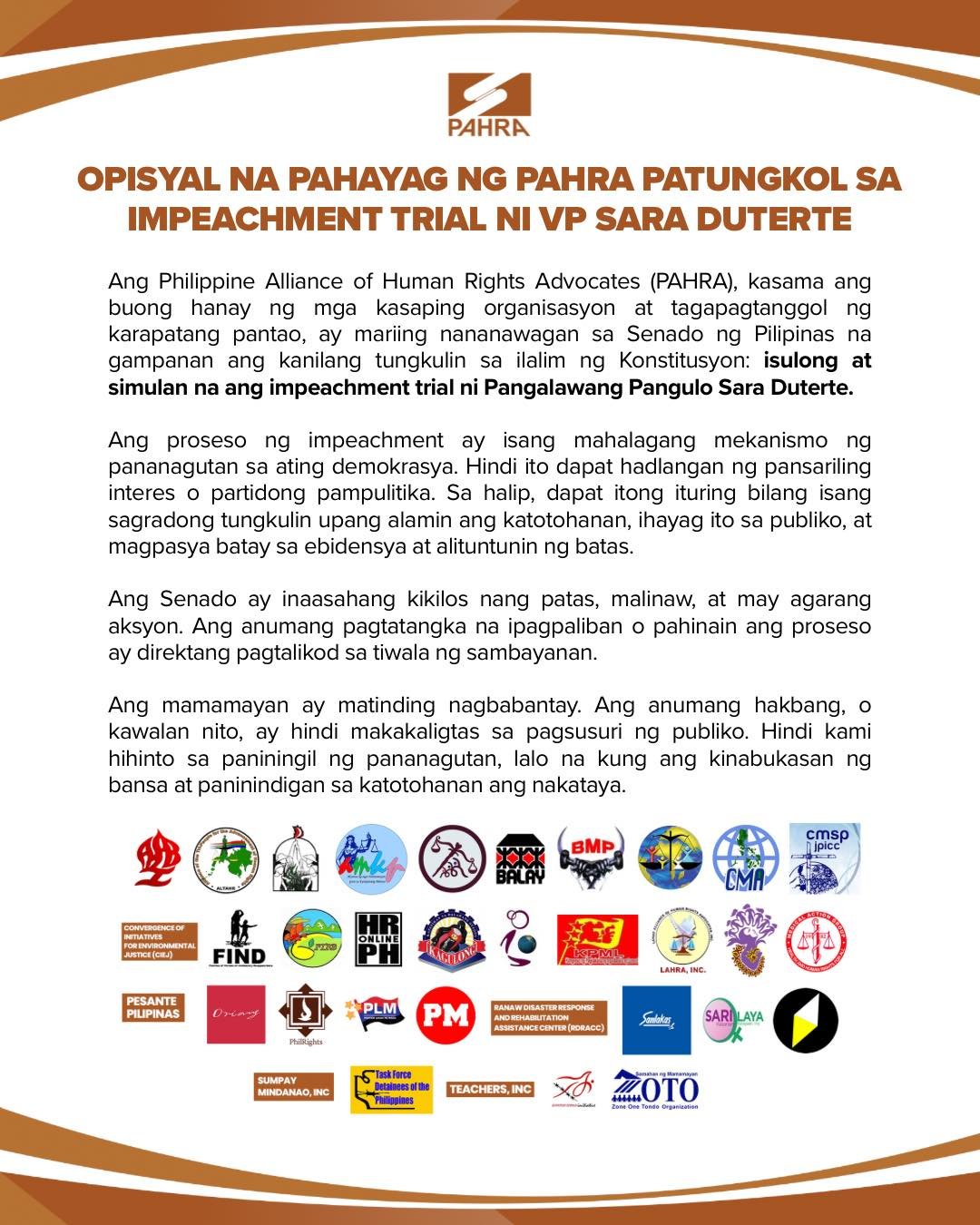 OPISYAL NA PAHAYAG NG PAHRA PATUNGKOL SA IMPEACHMENT TRIAL NI VP SARA DUTERTE