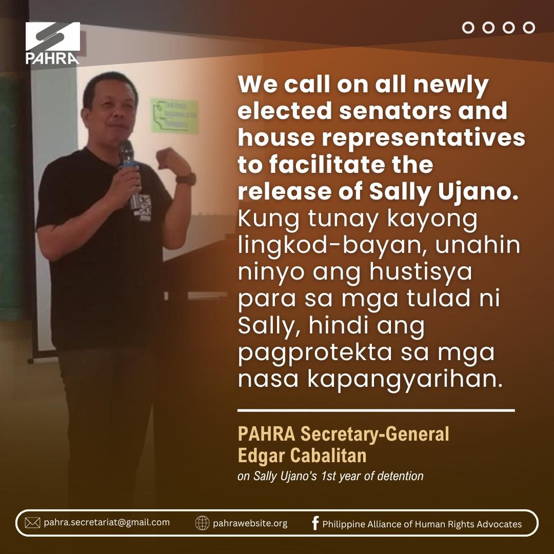 PAHRA URGES LAWMAKERS TO PUSH FOR THE URGENT RELEASE OF SALLY UJANO, CALLS OUT GLARING DOUBLE STANDARDS